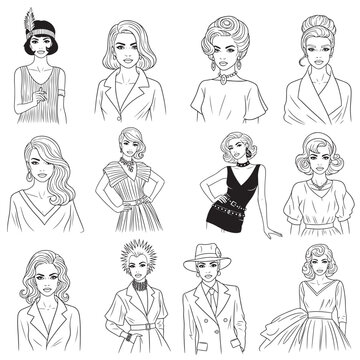 Collection of twelve diverse fashion illustrations of women in various styles and eras, showcasing different clothing, hairstyles, and accessories.