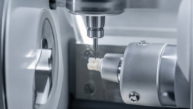 Close-up view of precision milling machine engraving a small object in modern manufacturing process