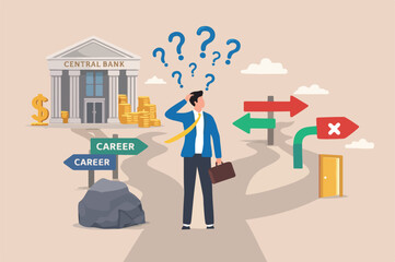 Naklejka premium Choose career path, make life decision decide the right or wrong direction, opportunity challenge, confusion or thinking find the way concept, Big bank confused businessman choosing direction