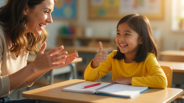 Smiling Asian Deaf student in classroom gives thumbs up to teacher during sign language lesson, inclusive education and special needs support