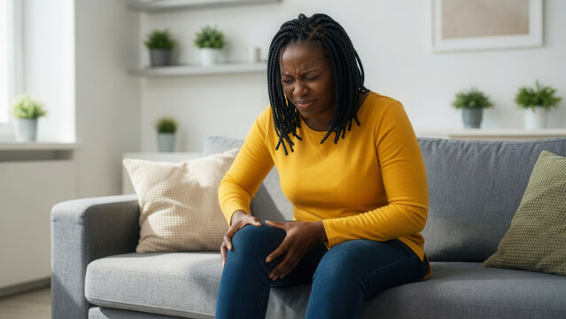 African-American woman holding painful knee and wincing on sofa in living room, joint discomfort and healthcare issue