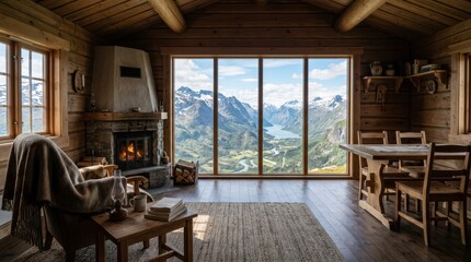Obraz premium Cozy log cabin interior with panoramic mountain and fjord views