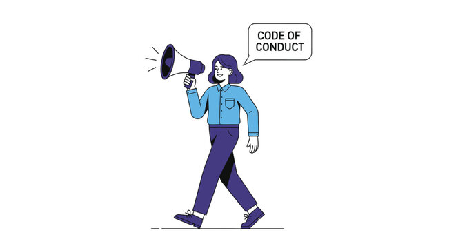 Illustration of person holding megaphone with code of conduct sign.
