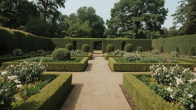 Elegant Formal Garden with Manicured Hedges, Geometric Formal Garden with Manicured Landscaping