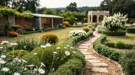 Obraz premium Garden pathway winding through lush greenery and flowering plants, inviting walk through a naturalistic garden in full seasonal bloom