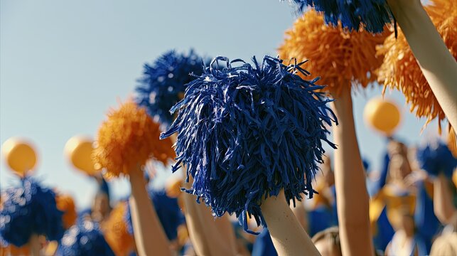 Hands wave blue and orange pom-poms against a clear sky