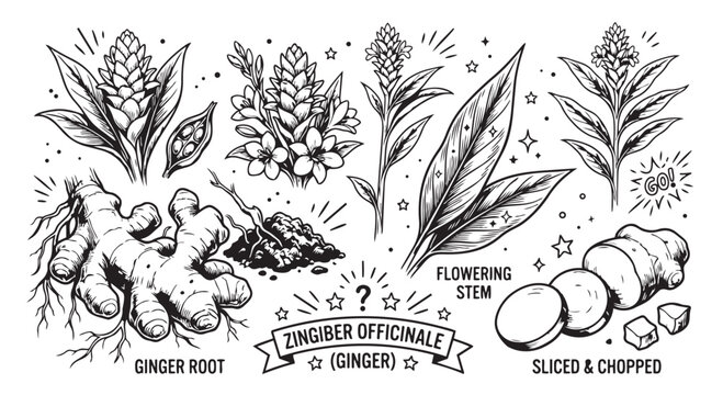 Hand drawn botanical illustration set of ginger root and plant with botanical zingiber ingredient