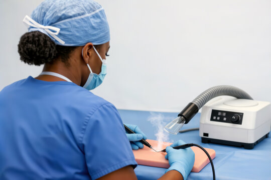 Surgeon using an electrosurgical pen and smoke evacuator on a model.