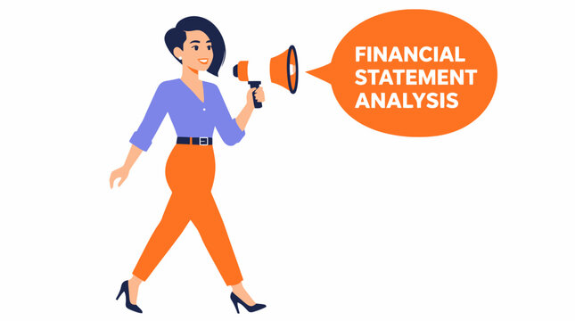 Woman with megaphone announcing financial statement analysis.