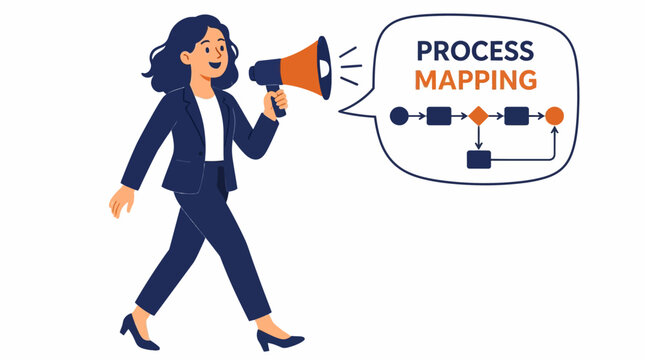 Businesswoman announcing process mapping concept with megaphone.