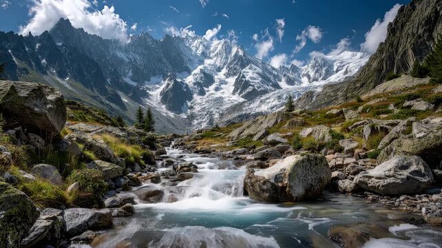Mountain stream rocky valley snow peak alpine landscape glacier river clear water blue sky wilderness nature scene with alpine river flowing through rugged landscape clear blue sky and flowing water