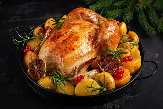 Traditional Christmas Roast Chicken with Seasonal Garnishes