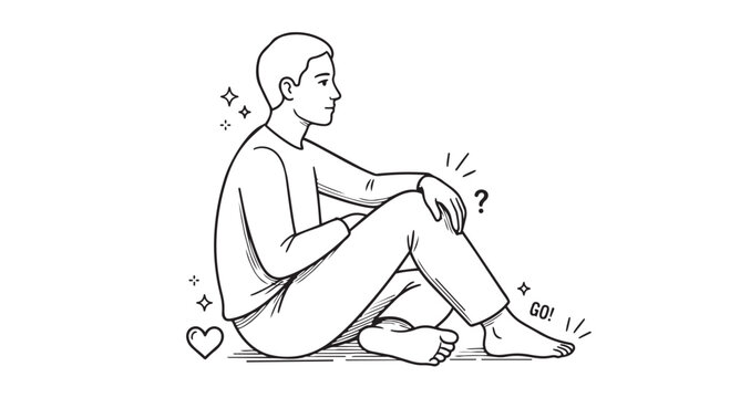 Hand drawn illustration of a thoughtful young man sitting with thinking thoughtful contemplation