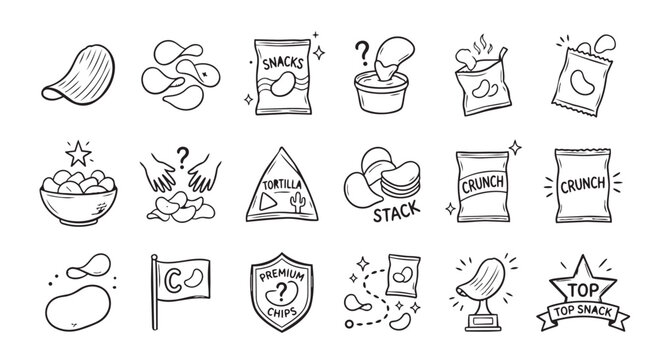 Set of potato chips snack icons hand drawn doodle style with snacking appetizer illustration