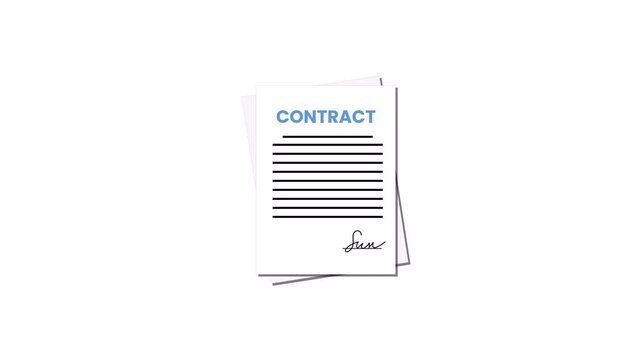 Signed contract document with signature and paper sheets representing legal agreement, business deal and official paperwork, vector flat 2d illustration on transparent background alpha channel 