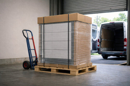 Large shrink wrapped cargo pallet beside hand truck at warehouse door. Space for text.