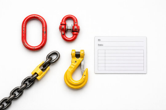 Rigging hardware and inspection record card on white background. Space for text.