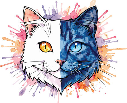 A split-color cat portrait with blue and white fur, contrasting eyes and watercolor splashes