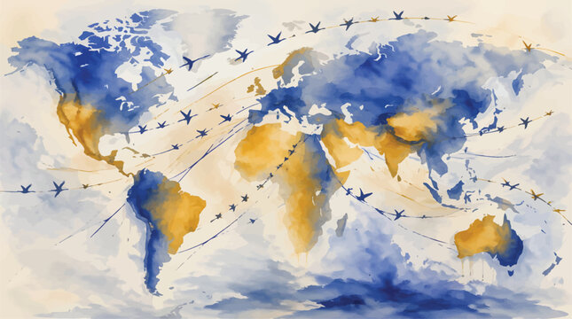 Global Travel Network Map with Birds Flying Between Continents, Watercolor Art Style for International Connectivity Concepts