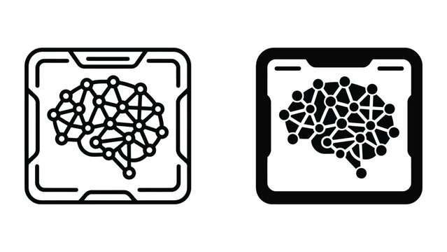 Artificial intelligence neural network brain inside square microprocessor icon set representing machine learning and advanced data processing circuitry for modern technology and computing industries