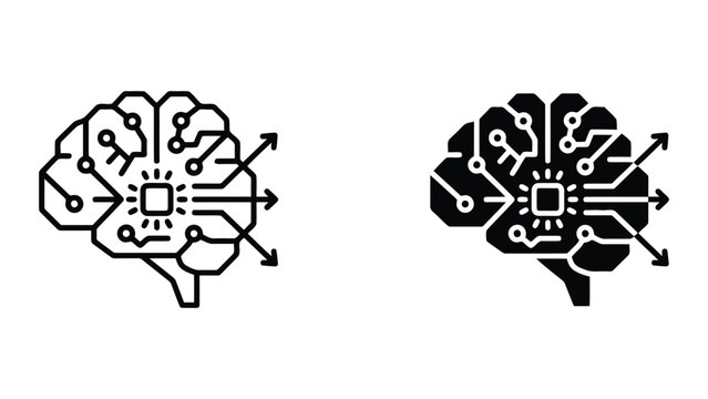 Human brain silhouette with integrated circuit paths and outward arrows representing artificial intelligence processing and machine learning output for cognitive computing and digital innovation