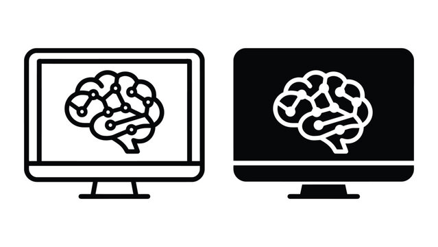 Computer screen showing artificial intelligence brain network icon for software interface and digital transformation concepts as flat vector graphic for modern technology presentation layouts