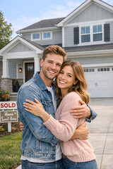 Fototapeta premium A joyous moment for a young couple with a newly sold house.