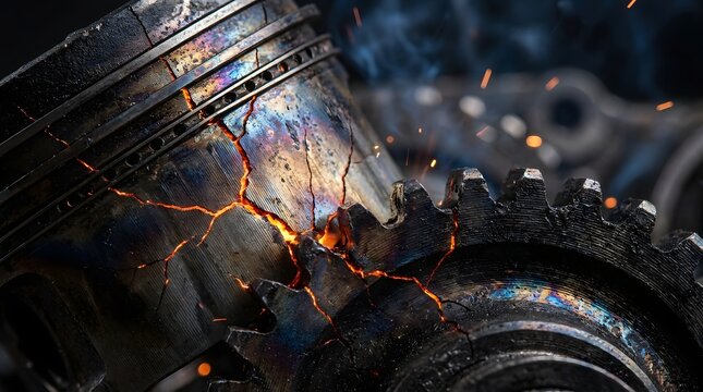 Broken industrial metal gears and piston glowing with red hot cracks and smoke symbolizing catastrophic mechanical failure and operational stress