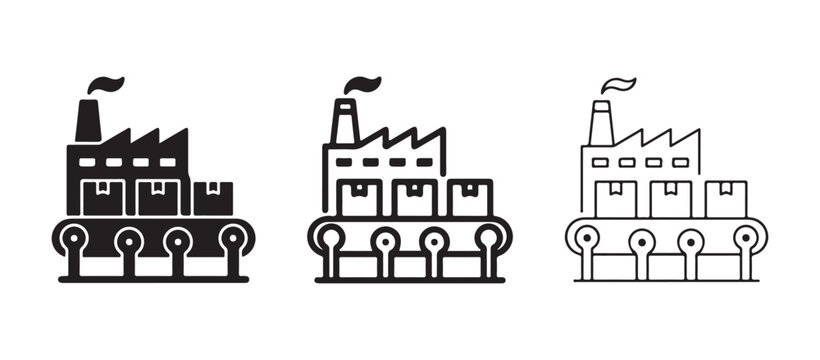 Factory building icons with conveyor belt and smoke stack  industrial production symbols