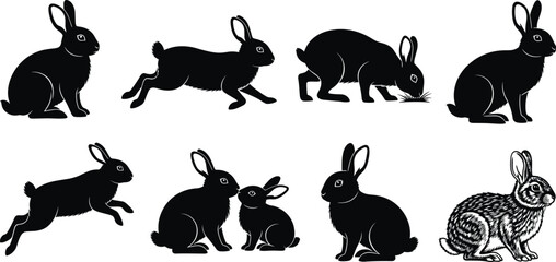 Set of black rabbit silhouettes and running hare vector icons for nature and wildlife graphic design © urmilarani