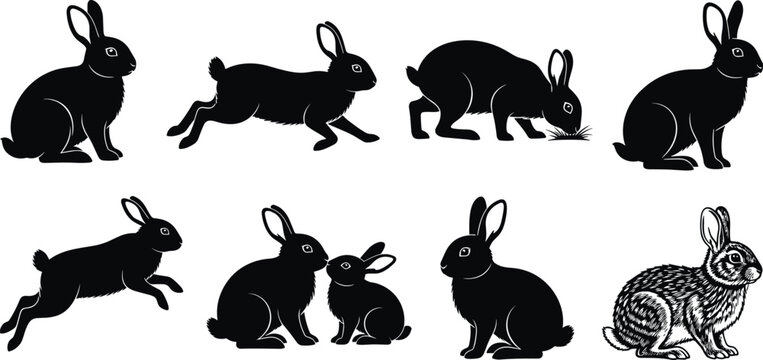 Set of black rabbit silhouettes and running hare vector icons for nature and wildlife graphic design
