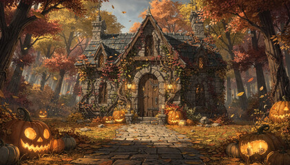 Fototapeta premium A Cozy Autumn Cottage Surrounded by Pumpkins, Fallen Leaves and Glowing Forest Light