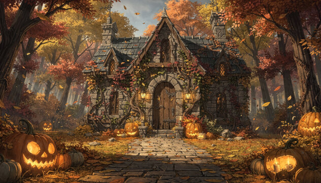 A Cozy Autumn Cottage Surrounded by Pumpkins, Fallen Leaves and Glowing Forest Light