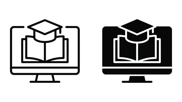 Online education digital classroom icon set featuring graduation cap on a monitor with open book in both linear and solid black vector graphic styles for remote learning and school websites