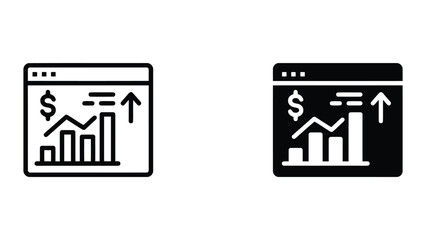 Obraz premium Web browser window showing financial growth bar chart and upward arrow in black and white vector icon set for online business dashboard and financial data monitoring web interface design