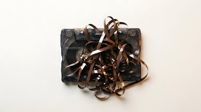Tangled magnetic tape spilling out of a broken retro audio cassette representing obsolete media technology and nostalgic musical frustration