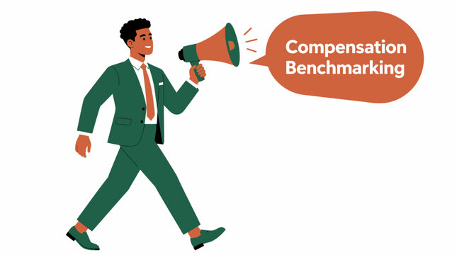 Businessman holding megaphone for compensation benchmarking announcement.