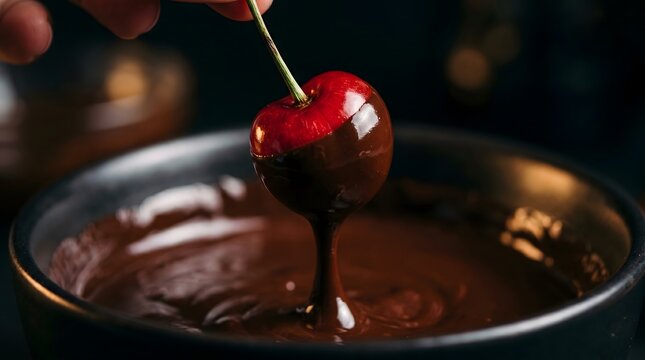 Close-up of a fresh cherry being dipped into melted dark chocolate, highlighting glossy texture and indulgent dessert appeal.
