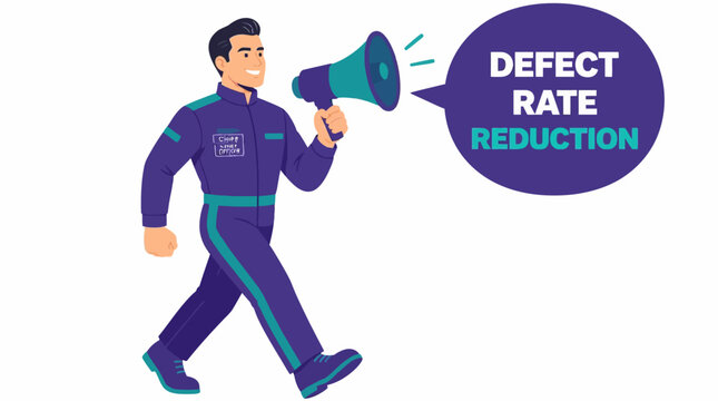 Businessman announcing defect rate reduction with megaphone.