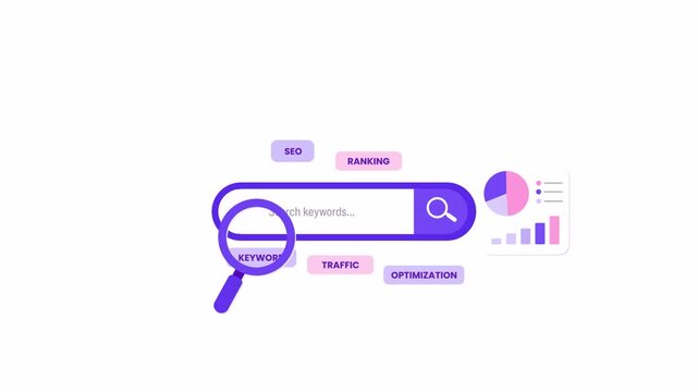 SEO keyword research concept with search bar, magnifying glass, ranking labels, website traffic and analytics dashboard, vector flat 2d illustration isolated on transparent background, alpha channel 