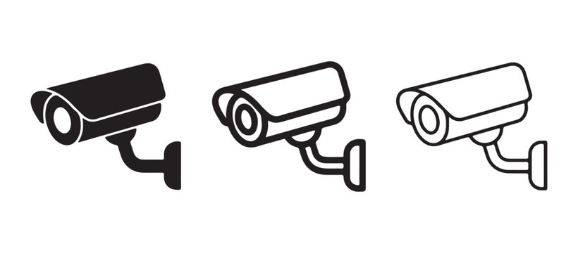 Security camera icons in black and white line art style for graphic design and digital applications