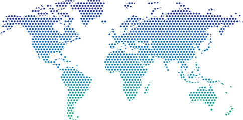 Sleek blue and green gradient world map with a digital halftone dot pattern representing global communication and networking. ©  Victory Pixel
