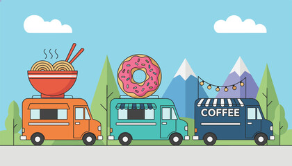 Fototapeta premium Three colorful food trucks parked in a row offering hot ramen noodles, sweet donuts, and fresh coffee drinks.
