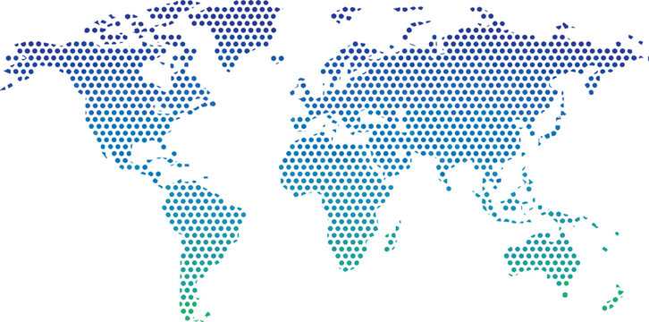 Sleek blue and green gradient world map with a digital halftone dot pattern representing global communication and networking.