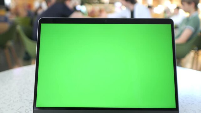 Laptop with green screen sits on cafe table. Background shows blurred people relaxing. Perfect for digital mockups, presentations, or UI design. Ideal for tech, marketing, or editorial projects