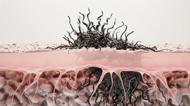 Macro rendering of aggressive malignant tumor cell taking root deep inside anatomical skin layers
