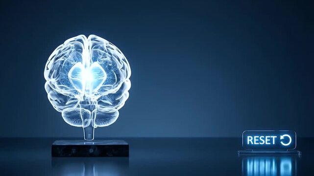 Brain model reset button glowing light digital interface futuristic technology neural network artificial intelligence innovation science concept transparent hologram mental health cognitive function