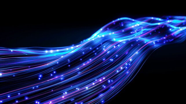 Wavy fiber optic cables with bright blue and pink luminous data points for network technology