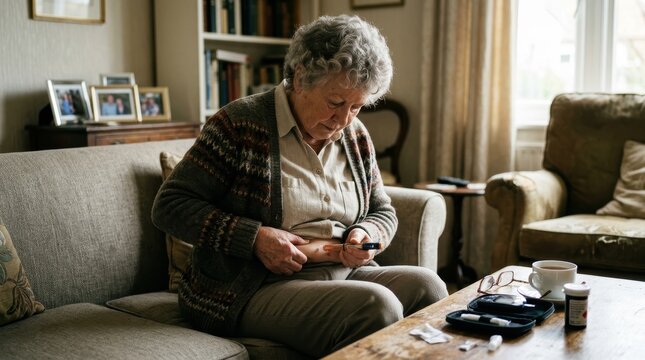 Elderly woman with diabetes self-administering an insulin injection into her abdomen at home using an insulin pen. Senior female patient managing blood glucose levels as part of her daily diabetes.
