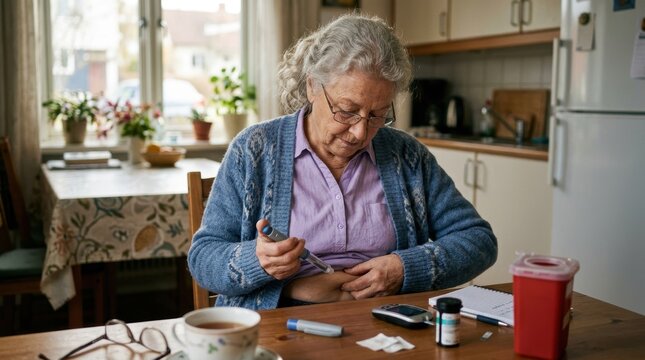 Elderly woman with diabetes self-administering an insulin injection into her abdomen at home using an insulin pen. Senior female patient managing blood glucose levels as part of her daily diabetes.